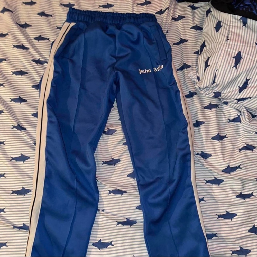 Blue Track Pants with White Stripes